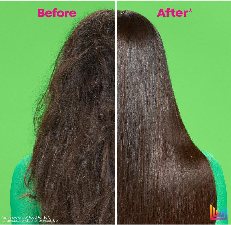 a model showing before and after of using Food For Soft Matrix hair products for best results