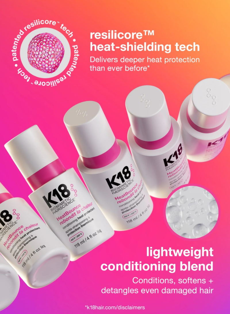 A promotional graphic for K18 Resilicone Hair & Haircare products, showing several white bottles with pink bands and white caps on a bright pink-to-orange gradient background. Text highlights 'resilicore heat-shielding tech' and 'lightweight conditioning blend,' with a circular inset showing the product texture.