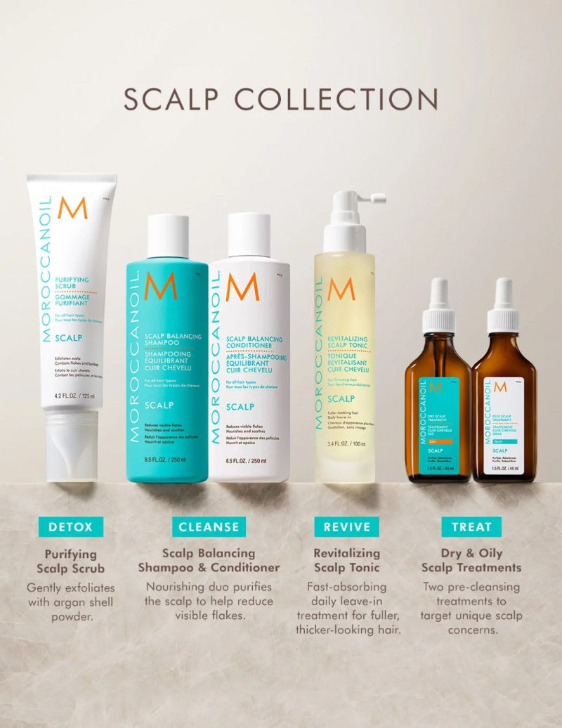 Moroccanoil Scalp Collection set featuring four hair care products: Detox Purifying Scalp Scrub, Cleanse Scalp Balancing Shampoo & Conditioner, Revive Revitalizing Scalp Tonic, and Treat Dry & Oily Scalp Treatments, arranged on a neutral beige background with text labels.