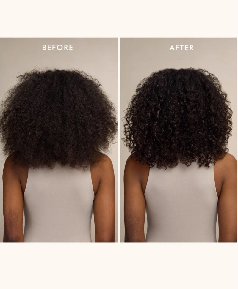 before and after of a model using a Moroccanoil intense hydrating mask together with the shampoo and conditioner