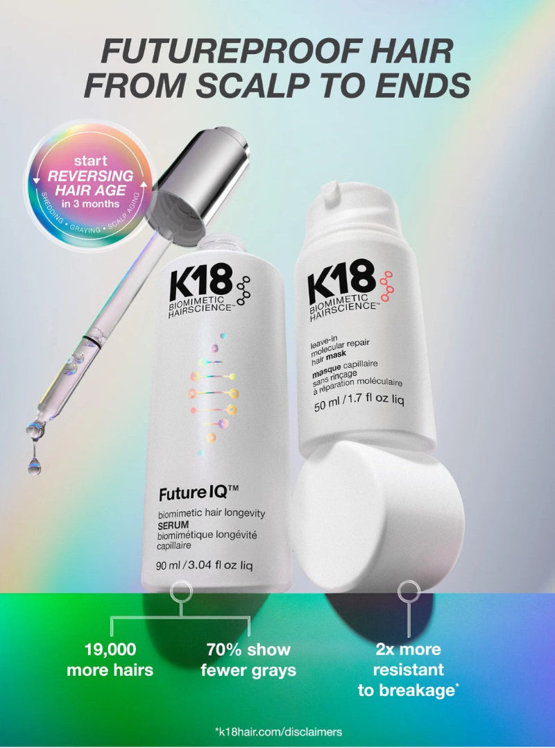 K18 hair care products with text highlighting benefits on a gradient background futureproof hair from sclap to ends