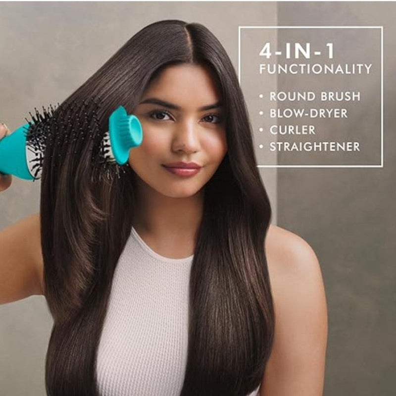A woman with long, straight dark brown hair holds a turquoise and black round hairbrush against her hair. She is wearing a white ribbed top against a neutral gray background, with a text box on the right highlighting the 4-in-1 functionality of the hairbrush.