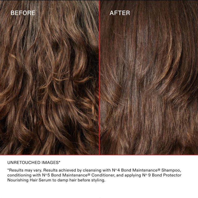 Before and after hair using Olaplex hair serum bonding treatment comparison showing frizzy, textured brown hair on the left and smooth, sleek brown hair on the right, with explanatory text below.