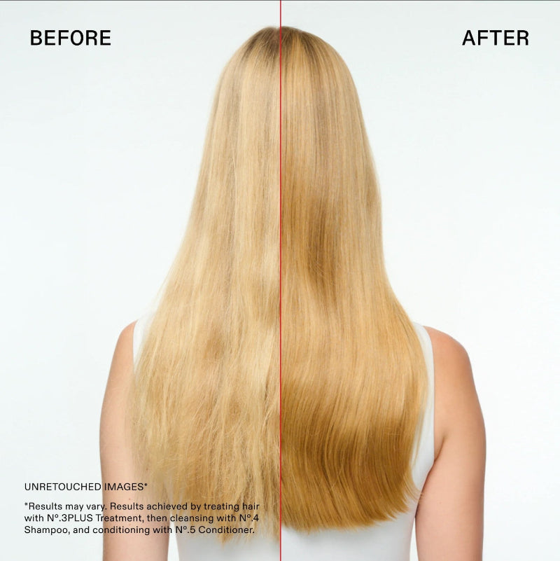 a model showing before and after using Olaplex best selling haircare products with repaired smoother hair