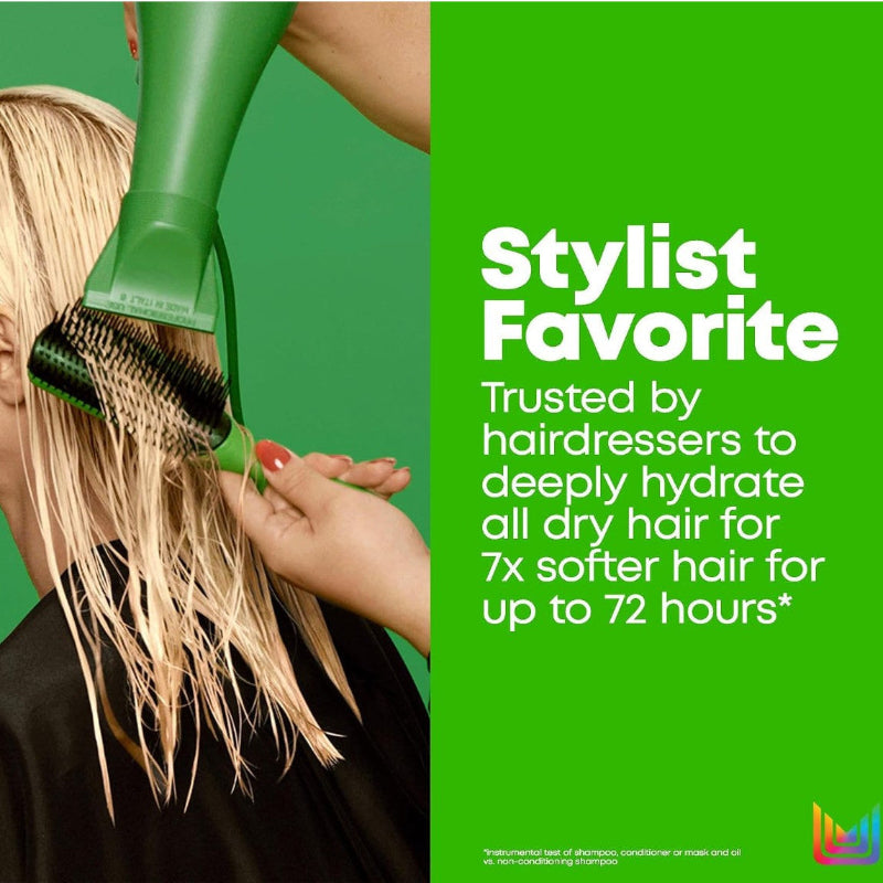 a woman styling and blow drying a colored hair treated with Food For Soft hair mask with a text mentioned as stylist favorite 