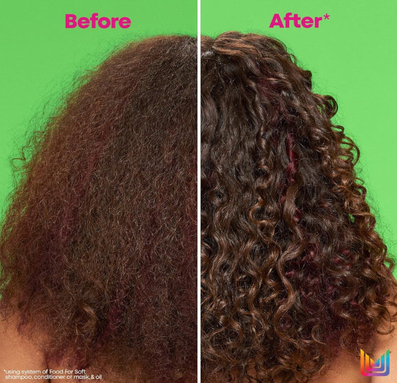 A model with curly tangling hair is using hydrating haircare from Food For Soft 