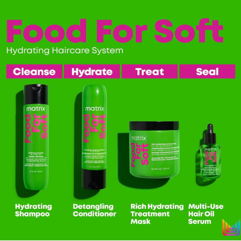 showing various Food For Soft haircare products including hydrating shampoo, detangling conditioner, rich hydrating treatment mask and multi-use hair oil serum 