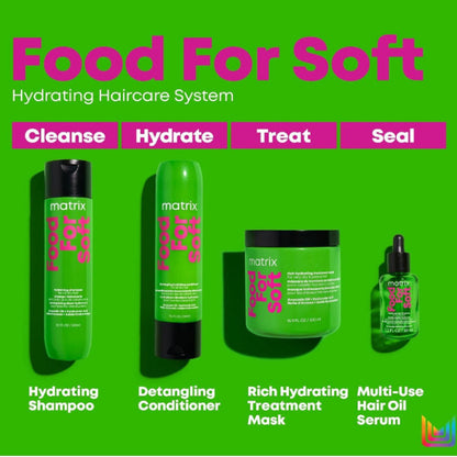 showing various Food For Soft haircare products including hydrating shampoo, detangling conditioner, rich hydrating treatment mask and multi-use hair oil serum 