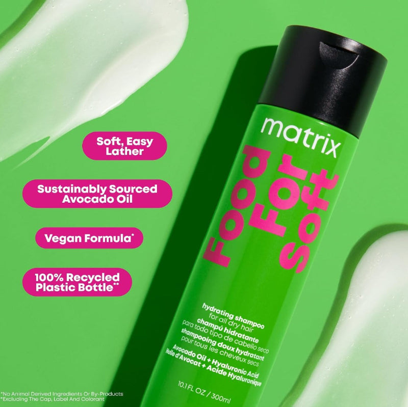 Food For Soft hydrating shampoo bottle with soft, easy lather, sustainably sourced avocado oil and vegan formula