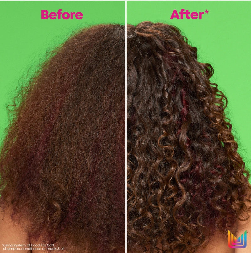 Before and after comparison of using Food for Soft hair conditioner and oil for curly hair on a green background