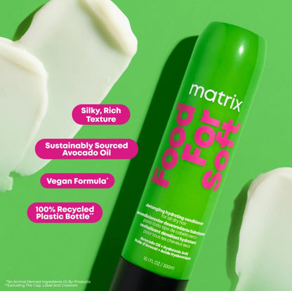 food for soft matrix hydrating conditioner shown on a green background with a sample piece of silky, rich texture sustainably sourced and vegan formula on a green background