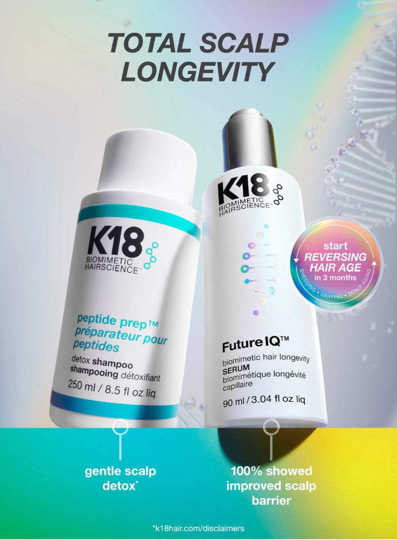 K18 hair care products with text on total scalp longevity and benefits.