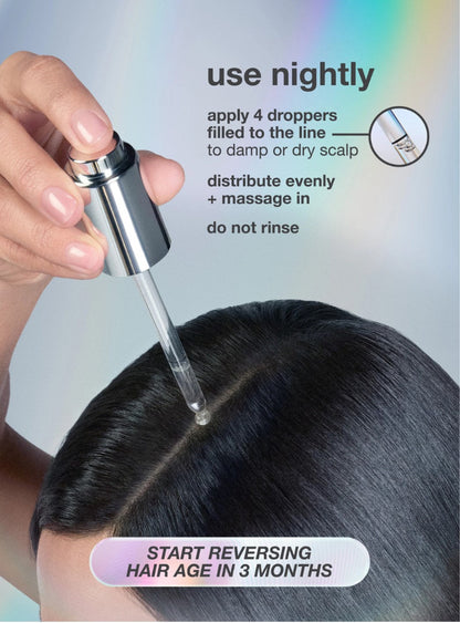 A hand holds a dropper bottle over a person's scalp, applying a clear liquid of K18 hair serum to parting hair. Text on the image says to use nightly and apply 4 droppers to damp or dry scalp, with a circular inset showing the dropper tip.