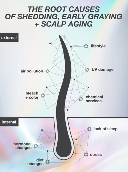 An informational graphic about hair shedding and scalp aging, with a large black hair silhouette split into external and internal sections. Text labels include lifestyle, air pollution, UV damage, bleach + color, chemical services, lack of sleep, hormonal changes, diet changes, and stress. This information belongs to K18 longevity serum