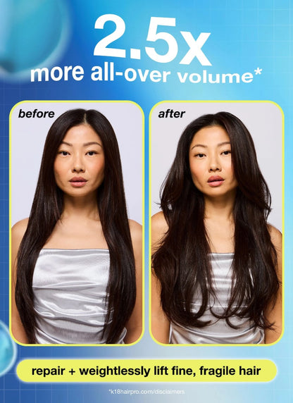 Before-and-after hair volume comparison showing a woman with long, straight dark hair labeled 'before' and wavier, voluminous dark hair labeled 'after', with text reading '2.5x more all-over volume' and 'repair + weightlessly lift fine, fragile hair' on a blue gradient background.
