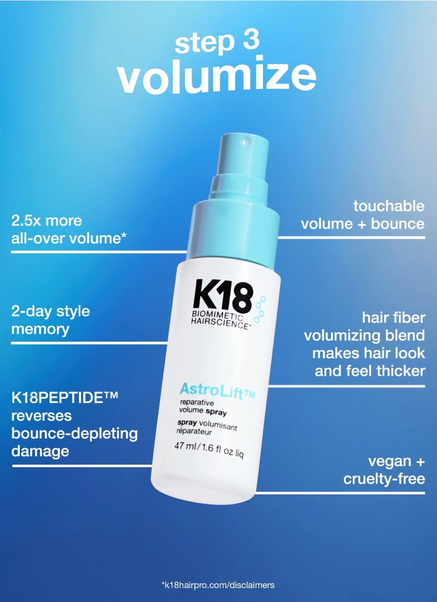 K18 Biomimetics AstroLift Volume Spray bottle shown on a blue gradient background with marketing text around it. The product is a white spray bottle with a light blue cap and pump, labeled 'step 3 volumize' and 'K18 Biomimetics AstroLift volume spray.
