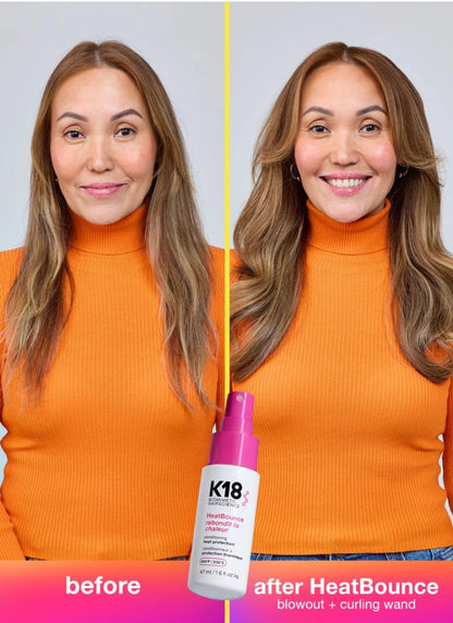 Before-and-after split screen showing a woman with long light brown hair wearing an orange turtleneck, with a K18 HeatBounce hair product bottle overlaid at the bottom center. Text reads 'before' on the left and 'after HeatBounce blowout + curling wand' on the right.