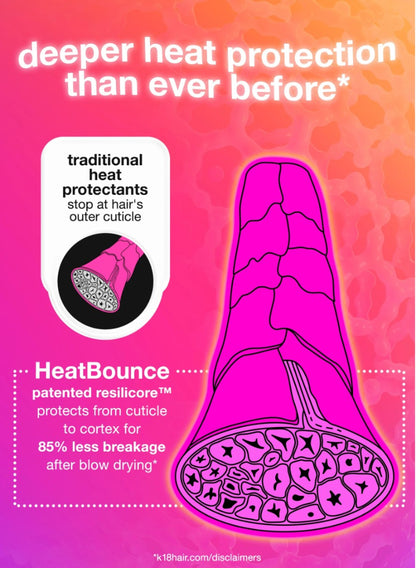 Promotional graphic for HeatBounce heat protectant, showing a stylized pink hair cuticle illustration with explanatory text about deeper heat protection and traditional vs. patented heat protectants.