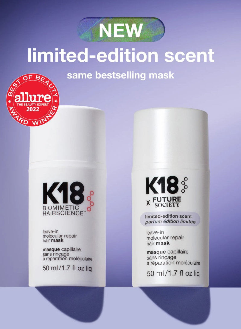 Two K18 hair mask bottles with a purple background and Allure award logo.