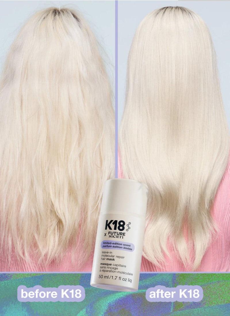 Before and after comparison of a person's long platinum blonde hair, showing frizzy, dry hair on the left labeled 'before K18' and smoother, shinier hair on the right labeled 'after K18'. A white bottle of K18 Future Sculpt hair repair conditioner is centered in front.