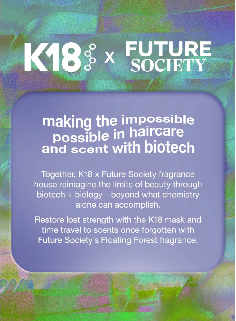 Promotional graphic for K18 x Future Society fragrance, featuring a purple text box over an abstract green and purple background with white branding and descriptive copy about biotech and haircare scents.