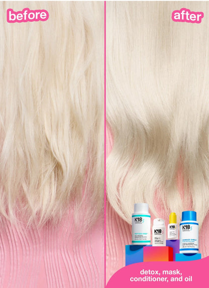 Before-and-after hair treatment comparison showing long platinum blonde hair, with pink ribbed clothing at the bottom and K1B product bottles displayed at the lower right.