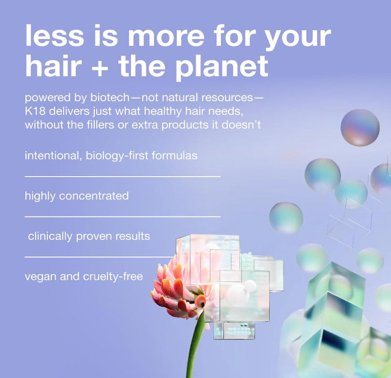 A promotional graphic for K18 hair care with the headline 'less is more for your hair + the planet' on a soft lavender background. White text lists benefits like powered by biotech, intentional formulas, and vegan and cruelty-free.