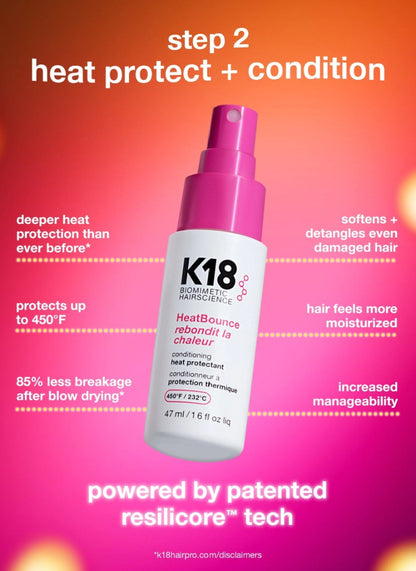 A K18 hair care product showcase featuring text that emphasizes deeper heat protection than ever, set against a vibrant pink and orange gradient background.