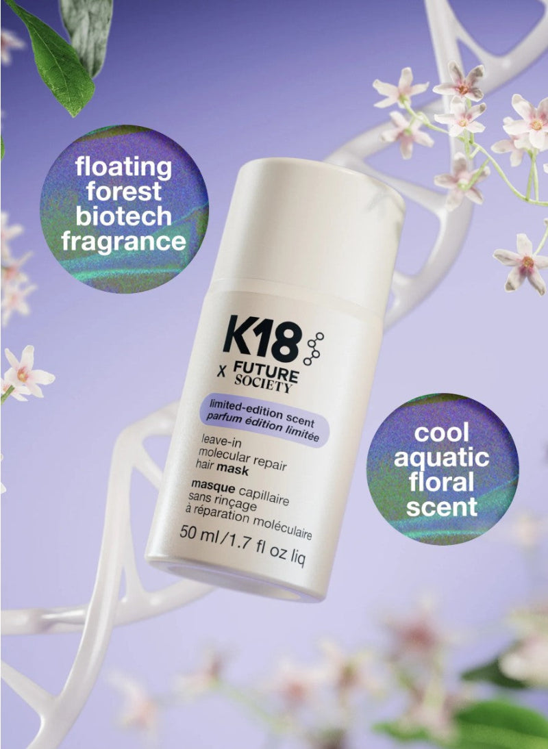 A white cylindrical hair mask bottle from K18 Future Society floating against a lavender background with decorative white flowers and two circular scent callouts reading 'floating forest biotech fragrance' and 'cool aquatic floral scent'.