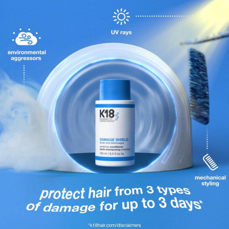 K18 Damage Shield hair care product with protection against UV rays, medical styling and environmental aggressors on a blue background