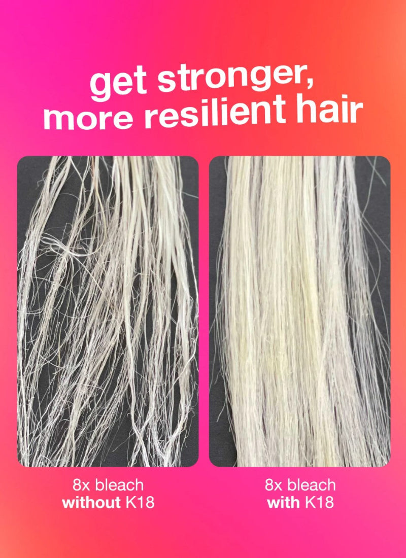Comparison of hair strands with and without K18 treatment on a pink and orange gradient background. Get stronger more resilient hair