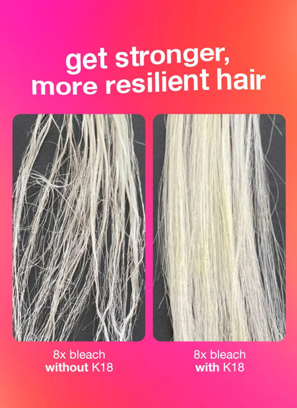 Comparison of hair strands with and without K18 treatment on a pink and orange gradient background. Get stronger more resilient hair