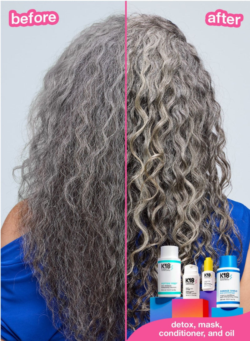 Before and after comparison of hair with K18 hair care products displayed.