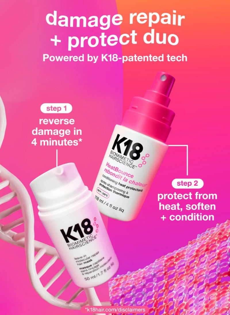 K18 leave-in repair hair mask and HeatBounce conditioning heat protectant bottles as a 2-step routine for reverse damage and protect from heat, soften and condition