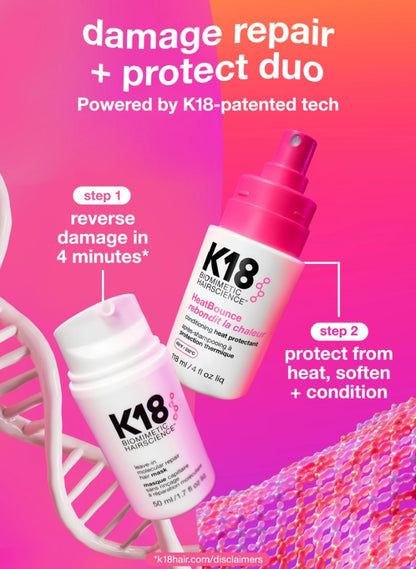 K18 leave-in repair hair mask and HeatBounce conditioning heat protectant bottles as a 2-step routine for reverse damage and protect from heat, soften and condition