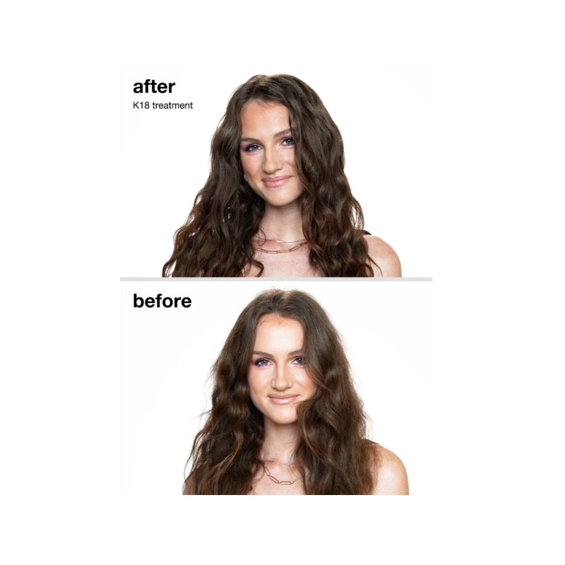 Before-and-after comparison of a woman's long, wavy brown hair, labeled 'after K18 treatment' at the top and 'before' at the bottom, on a white background.