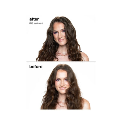 Before-and-after comparison of a woman's long, wavy brown hair, labeled 'after K18 treatment' at the top and 'before' at the bottom, on a white background.