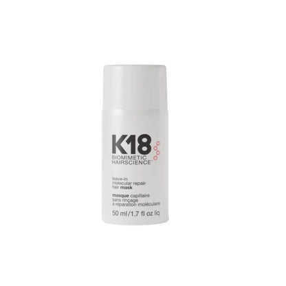 K18 Biometric Hairscience Repair Mask in a white cylindrical bottle  50 ml small size, centered on a plain white background.