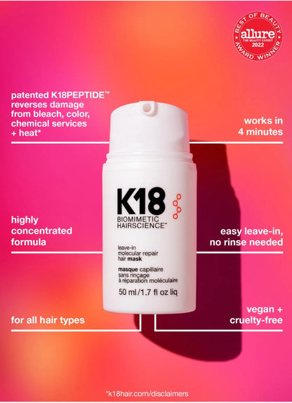 A white K18 leave-in molecular repair hair mask bottle centered on a bright pink-to-orange gradient background with callout text and an Allure Best of Beauty 2022 award badge.