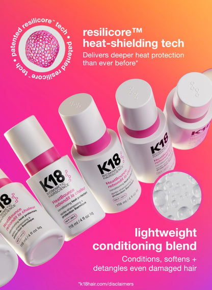 A promotional graphic for K18 Resilicone Hair & Haircare products, showing several white bottles with pink bands and white caps on a bright pink-to-orange gradient background. Text highlights 'resilicore heat-shielding tech' and 'lightweight conditioning blend,' with a circular inset showing the product texture.