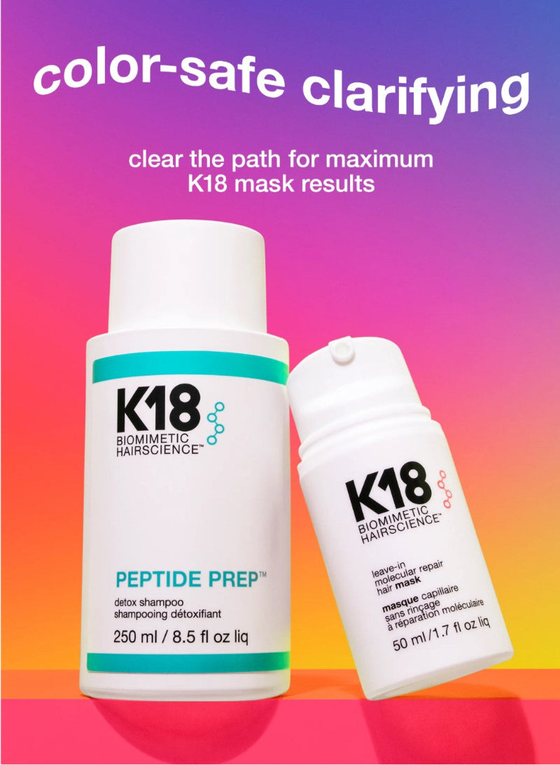 K18 hair care products on a colorful gradient background showing K18 peptide prep detox shampoo with K18 leave-in repair mask for best results