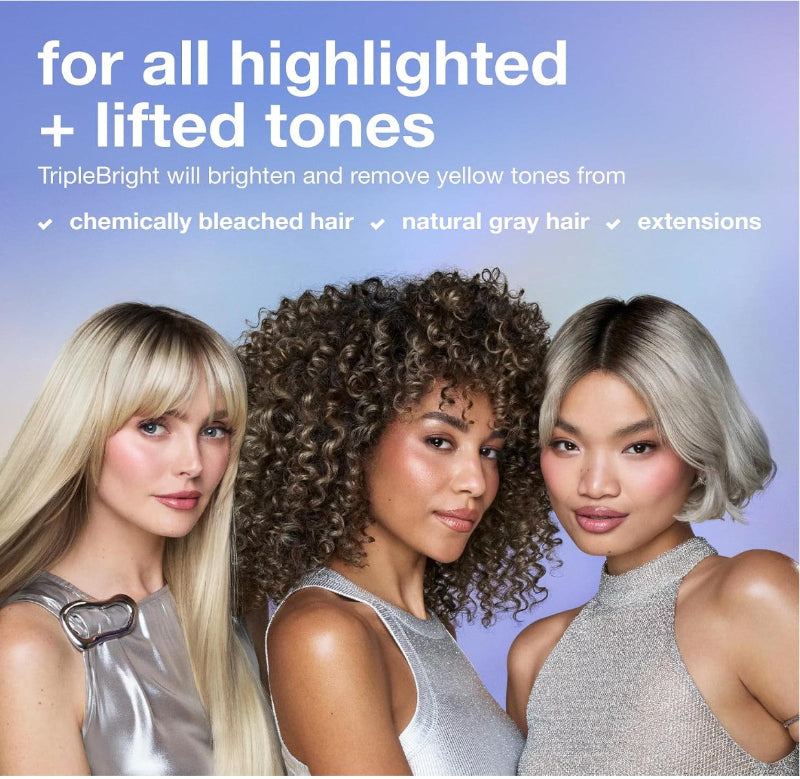 Three women with different non-brassy hair colors pose together against a light blue gradient background with promotional text about TripleBright hair brightening, chemically bleached hair, naturally gray hair and extensions