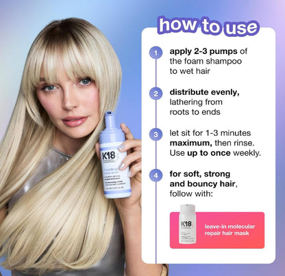A blonde woman holds a bottle of K18 Foam Shampoo against a blue gradient background, with a large 'how to use' instruction panel on the right showing steps for application.