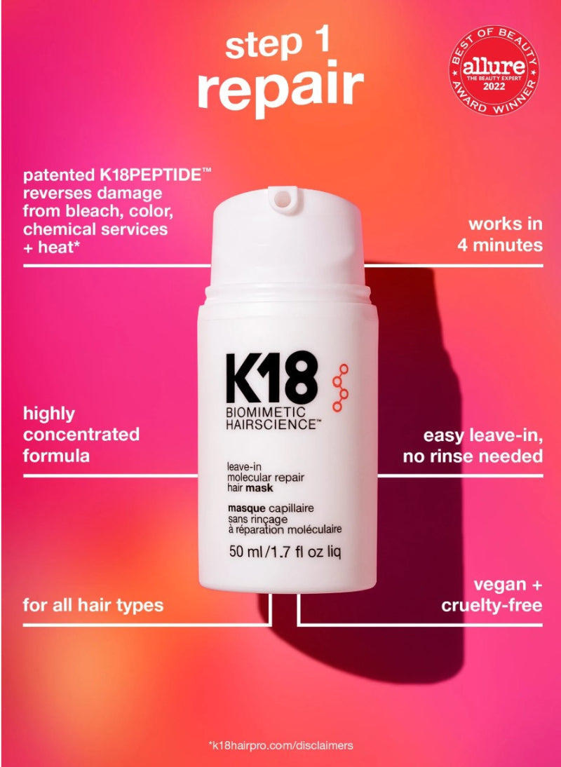 A white K18 leave-in molecular repair hair mask bottle centered on a bright pink-to-orange gradient background with text callouts around it. The bottle reads 'K18 BIOMIMIC NARCISCIENCE' and 'leave-in molecular repair hair mask 50 ml / 1.