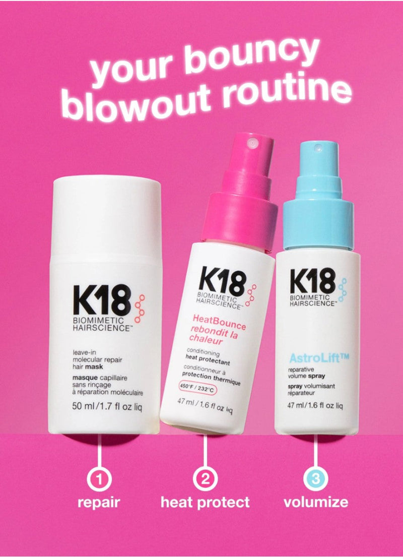 Your bouncy blowout routine with best K18 haircare products shown on a pink backgournd