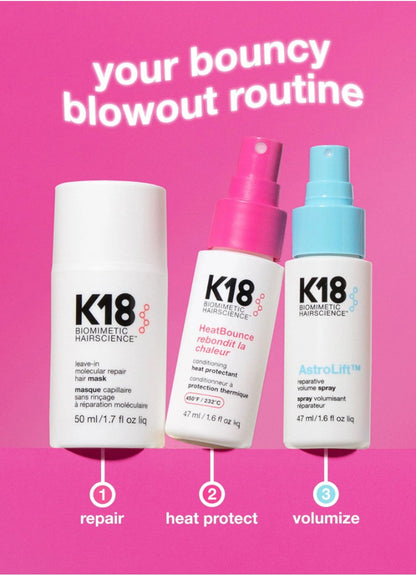 Your bouncy blowout routine with best K18 haircare products shown on a pink backgournd