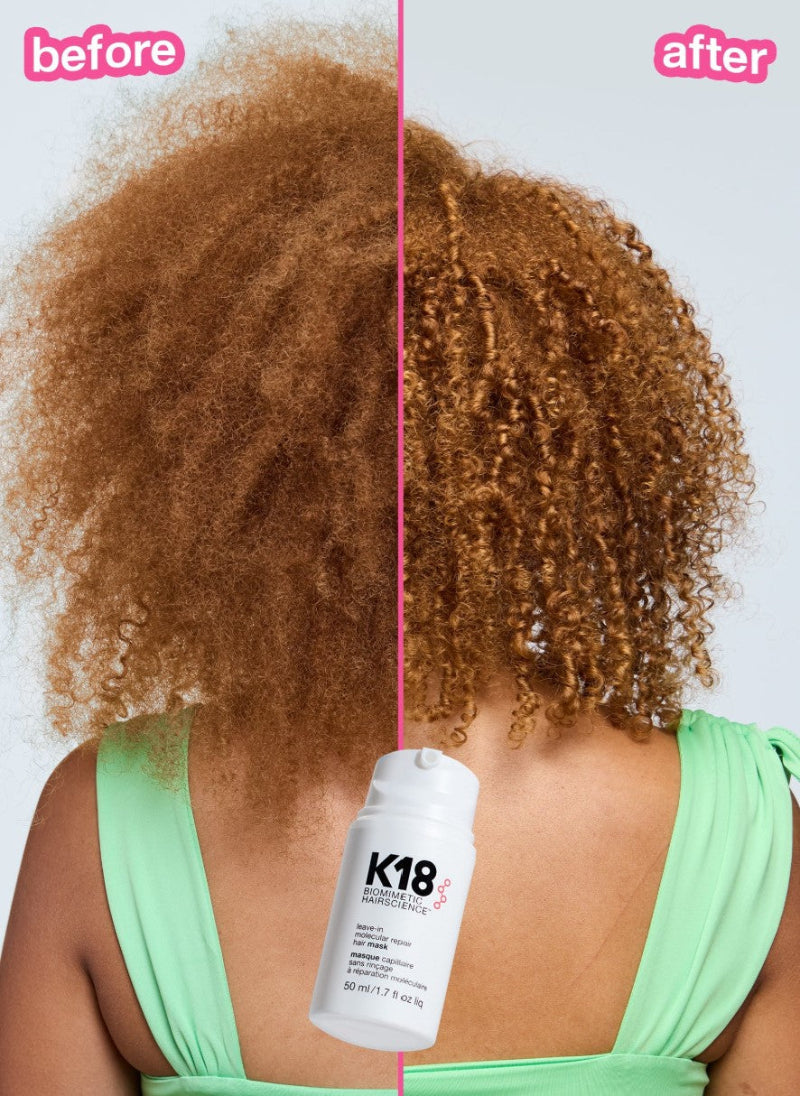 Before and after comparison of a person's curly hair from the back, showing frizzy, dry hair on the left labeled 'before' and smoother, defined curls on the right labeled 'after'. A white bottle labeled 'K18' is centered over the split, with a pink dividing line and pink 'before'/'after' labels on a light gray background.