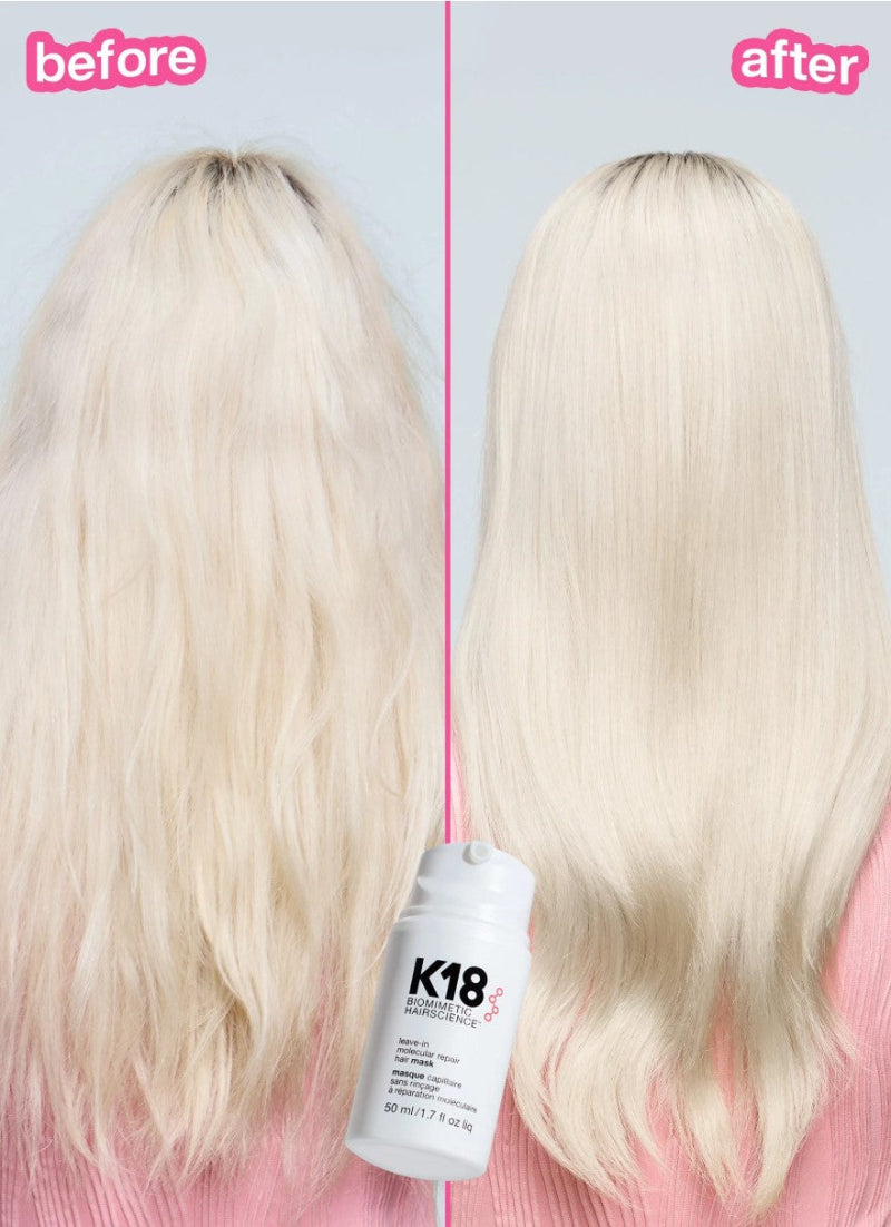 Before and after comparison of a person's long, wavy platinum blonde hair, with a white bottle labeled K18 Professional Hair Color in the foreground. The left side shows dry, frizzy hair under the 'before' label, and the right side shows smooth, shiny, straightened hair under the 'after' label.