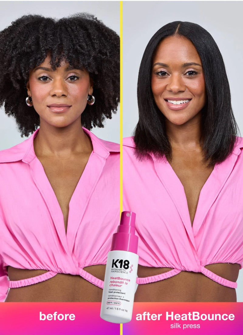 before and after result of a hairstyle with K18 after HeatBounce haircare product 