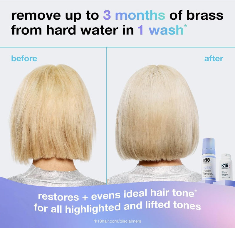 Before-and-after hair color result comparison showing highlighted blonde hair reduced to a natural light brown tone, with promotional text and K18 hair product bottles on a light background.